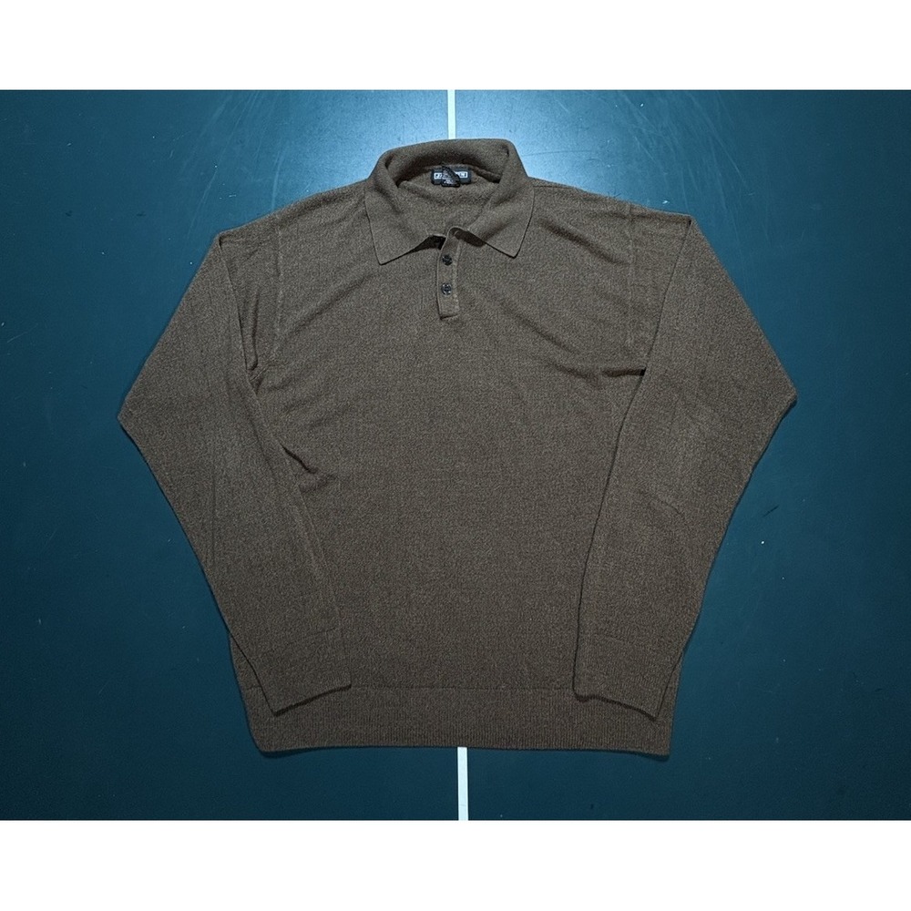 Jantzen Vintage 90s knit polo long‎ sleeve Sweater Brown Striped mens large